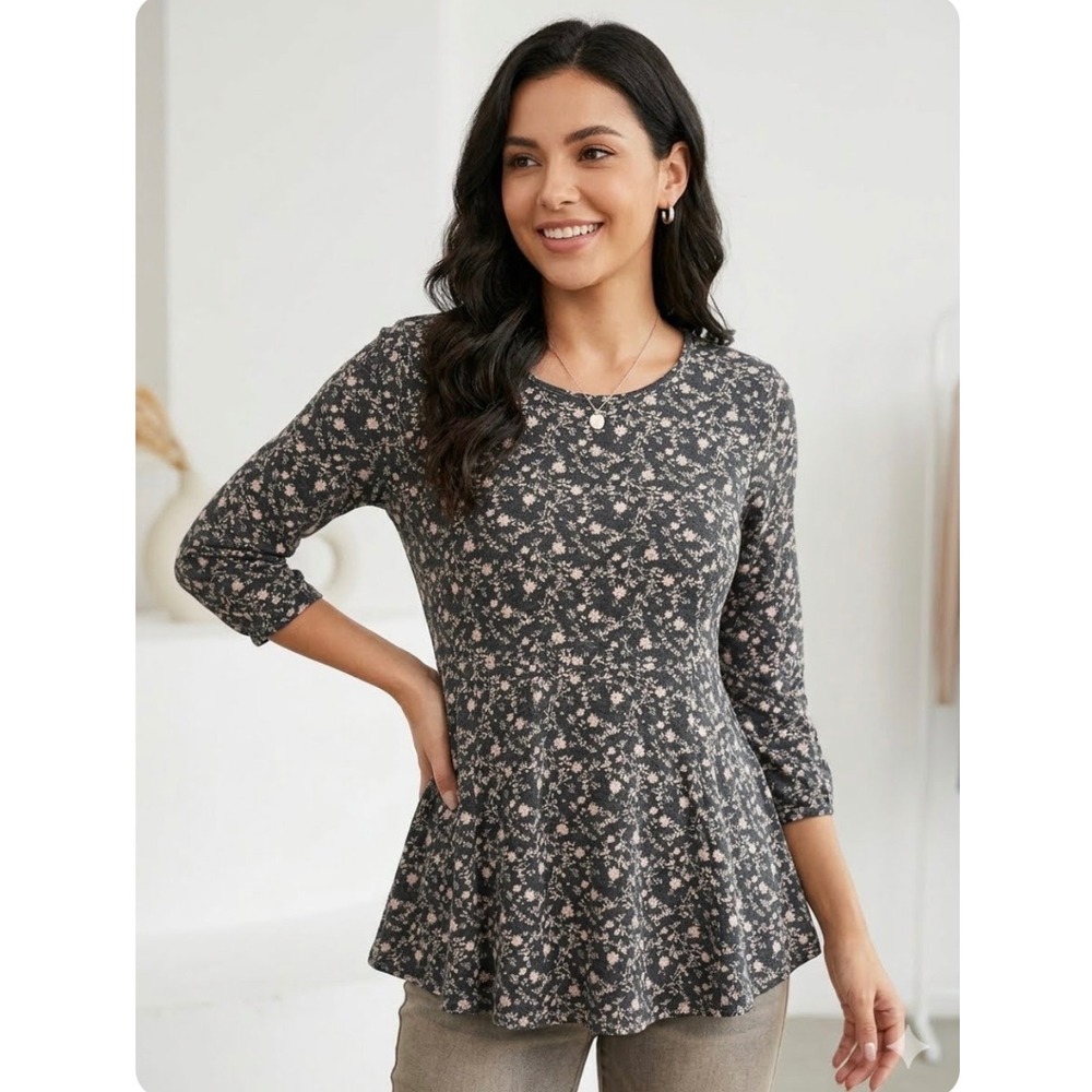 Bobeau Fit & Flare Top M Floral 3/4 Sleeve Scoop Neck Soft Knit Business Casual